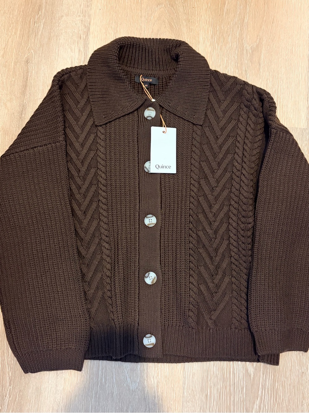 NWT-100% Australian Merino Wool Collared Cable Cardigan in Coffee Bean Brown- XS